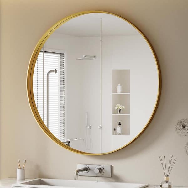 GOLD 24 in. W x 24 in. H Contemporary Round Aluminum Alloy Framed Vanity Wall Mirror