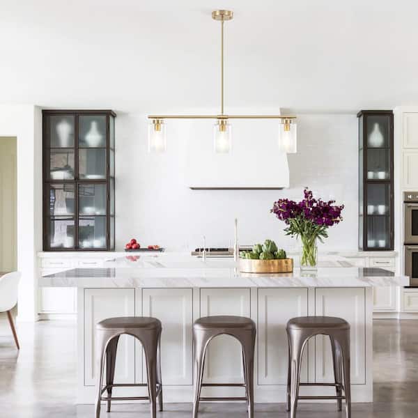 3-Light Brass Hanging Linear Chandelier Lighting with Glass Shade for Kitchen Island with No Bulbs Included
