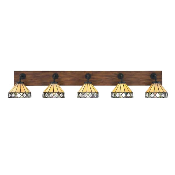 Unbranded Kirby 47.5 in. 5 Light Black & Painted Wood-look Vanity Light with 7 in. Diamond Peak Art Glass Shades No Bulbs Included