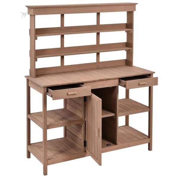 myhomore 66 in. Large Outdoor Farmhouse Wooden Potting Bench Table, Garden Workstation with 2 Drawers, Cabinet and Open Shelves
