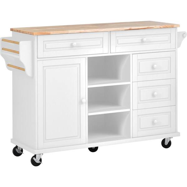 Aoibox White Kitchen Cart with Rubber Wood Desktop Rolling Mobile Kitchen Island with Storage and 5-Draws 53 in. Width