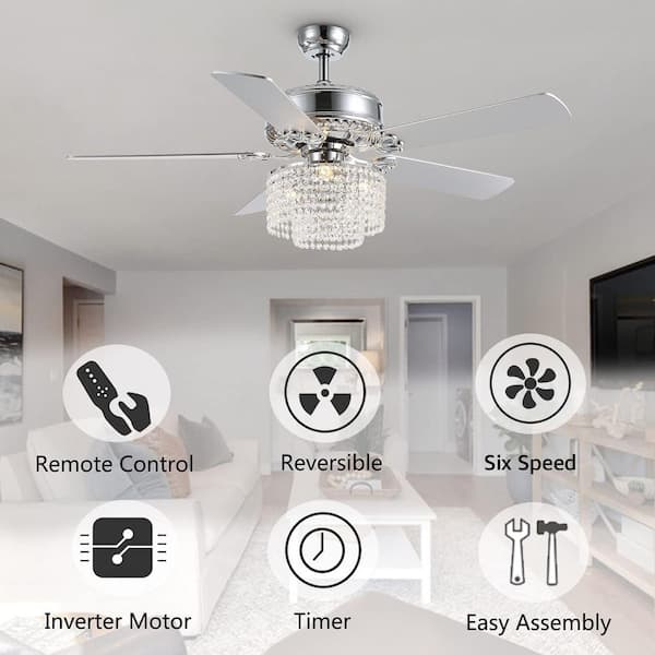 52 in. Indoor Silver Downrod Mount Crystal Chandelier Ceiling Fan with Light Kit and Remote Reversible Blades Fandelier