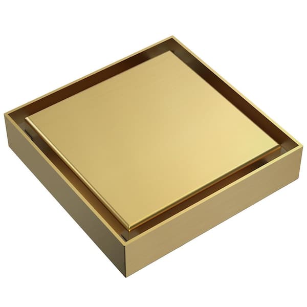 4 in. Square Shower Drain Stainless Steel with Hair Strainer, Fast Drainage in Brushed Gold