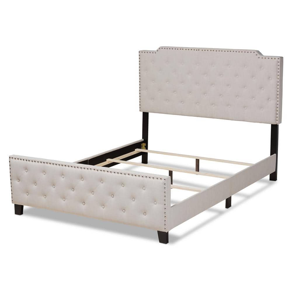 Elegant Beige Linen King Bed with Tufted Headboard and Nailhead Trim