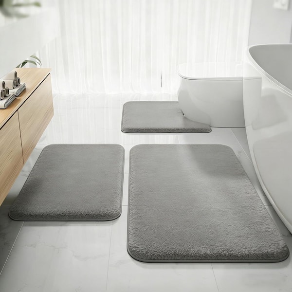 Wudkey 3 Piece Ash Gray Bathroom Rug Set, 32 in. x 20 in. Memory