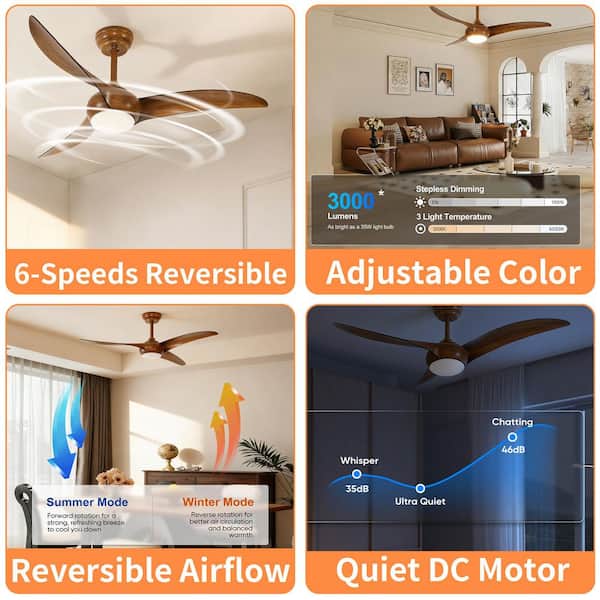 52 in. Brown Propeller Downrod Ceiling Fan with Light, Wood Blades, Dimmable LED, Quiet DC Motor, Remote