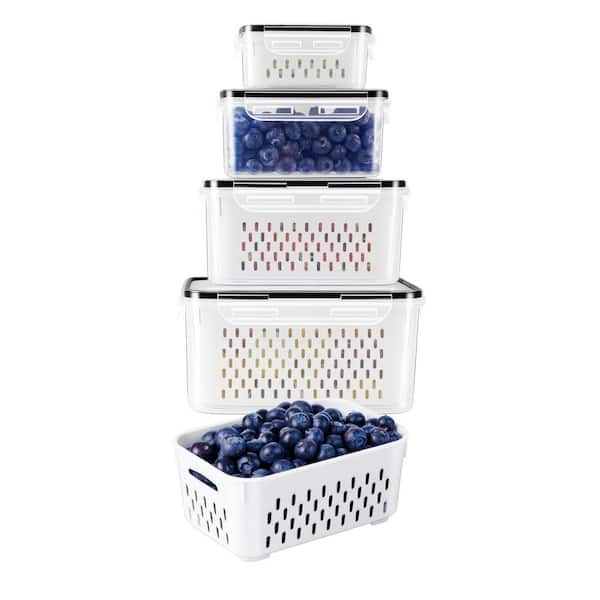 4 Piece Airtight Fruit Storage Containers Set with Removable Colander for Fridge Dishwasher Safe Produce Saver