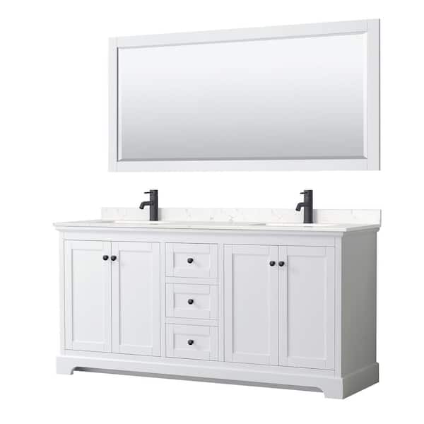 Wyndham Collection Avery 72 in. W x 22 in. D x 35 in. H Double Bath Vanity in White with Carrara Cultured Marble Top and 70 in. Mirror
