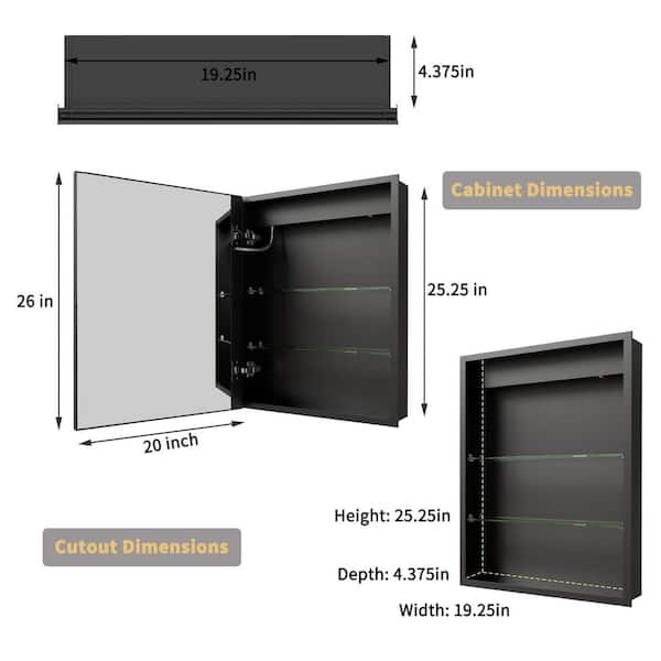 Velux 20 in. W x 26 in. H Rectangular Black Aluminum Recessed/Surface Mount Left Dimmable Medicine Cabinet w/ Mirror LED