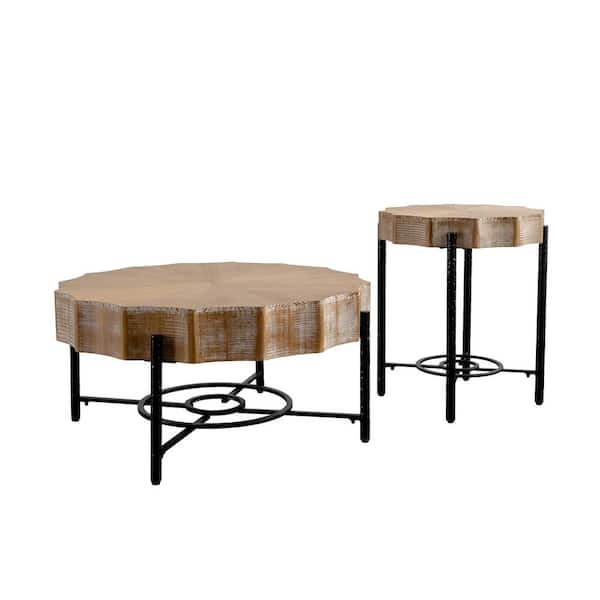 Sudzendf 31.5 in. Vintage Splicing Lace Shaped Coffee Table with Fir Wood Table Top and Concave Metal Cross Legs (Set of 2)