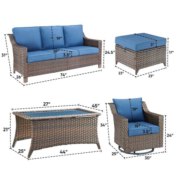 Skinny Guy Series 6-Piece Brown Wicker Outdoor Patio Conversation Corner Sofa Set with Cushion Guard Blue Cushions