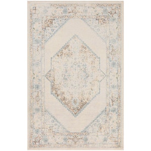 Astra Machine Washable Ivory Blue Doormat 2 ft. x 4 ft. Center medallion Traditional Area Rug