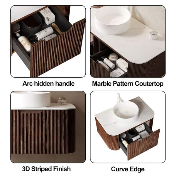 Yingze 24 in. Wall Mounted Single Sink Walnut Bath Vanity with