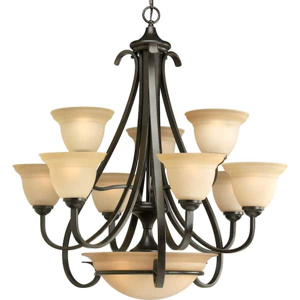Progress Lighting Torino Collection 9-Light Forged Bronze Tea-Stained Glass Transitional Chandelier Light
