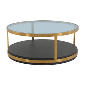 Mariana 43 in. Brushed Gold Round Wood Coffee Table with Shelves, and Storage