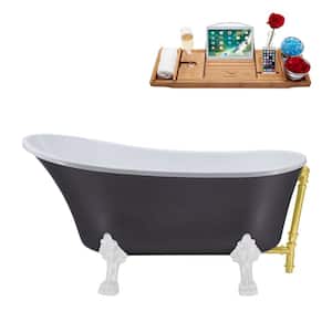 55 in. Acrylic Clawfoot Non-Whirlpool Bathtub in Matte Grey With Glossy White Clawfeet And Brushed Gold Drain