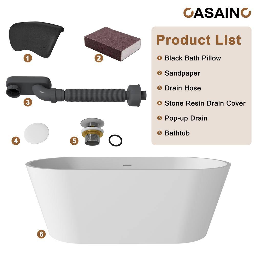 59" White Solid Surface Freestanding Soaking Bathtub with Black Pillow