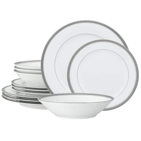 Noritake Charlotta Platinum 12-Piece (Platinum) Porcelain Dinnerware Set, Service for 4