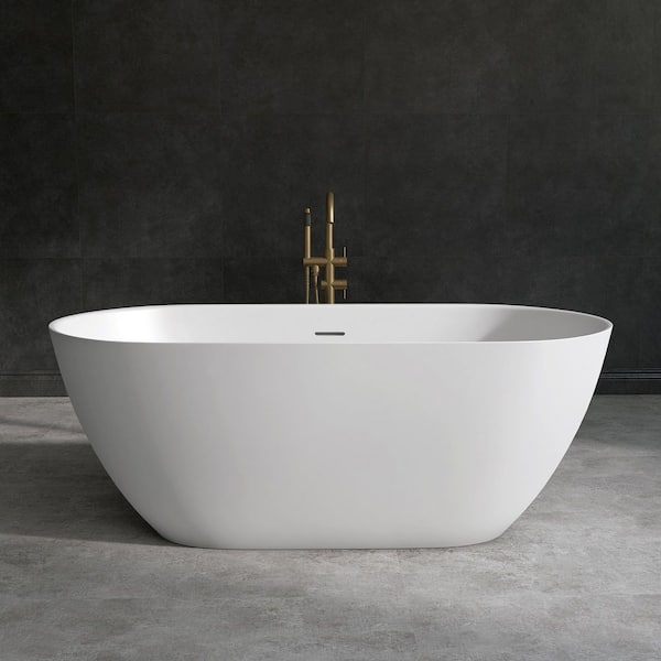 63 in. x 31.5 in. Solid Surface Tub Stone Resin Flatbottom Freestanding Soaking Bathtub with Overflow in Matte White