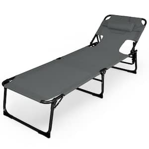 1-Piece Metal Outdoor Folding Chaise Lounge with Headrest in Gray