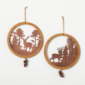 12 in. x 14.25 in. Round Wood Deer Decorative Sign - Set of 2; Multicolored