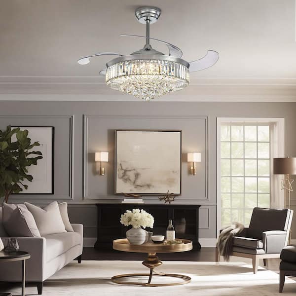 48 in. Indoor Chrome Color Smart Retractable Crystal Ceiling Fan with Adjustable LED Light Included with Remote
