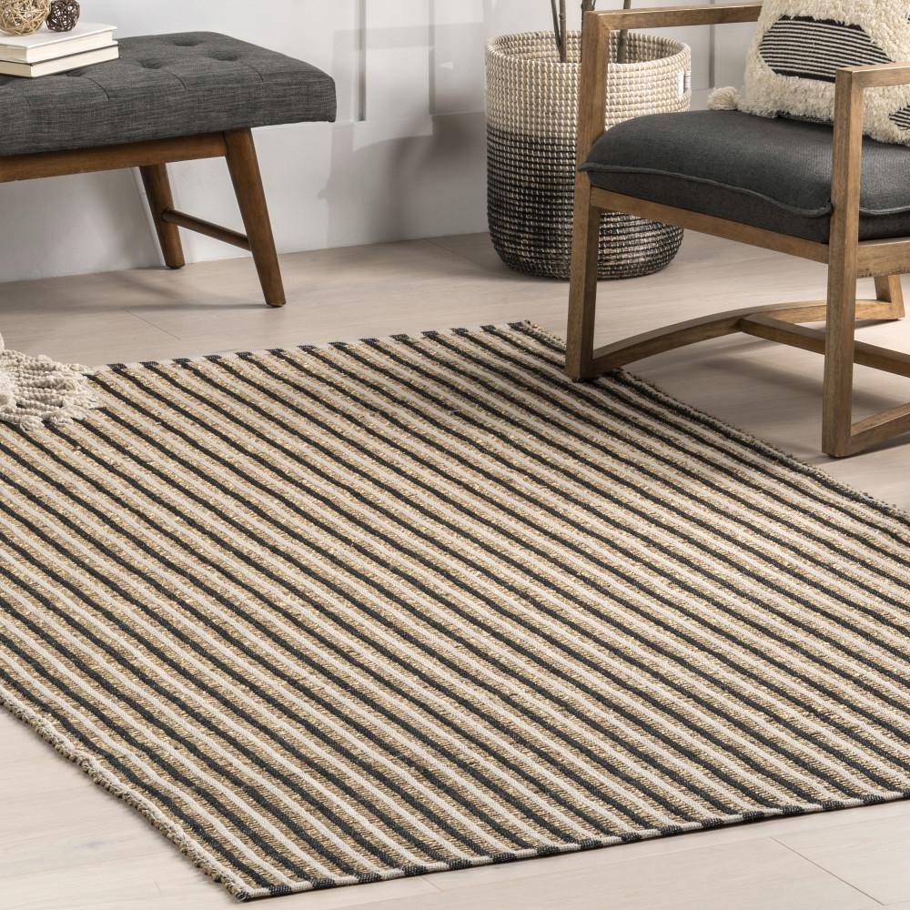 Ivory and Black Striped Cotton and Seagrass Rectangular Rug, 5' x 8'