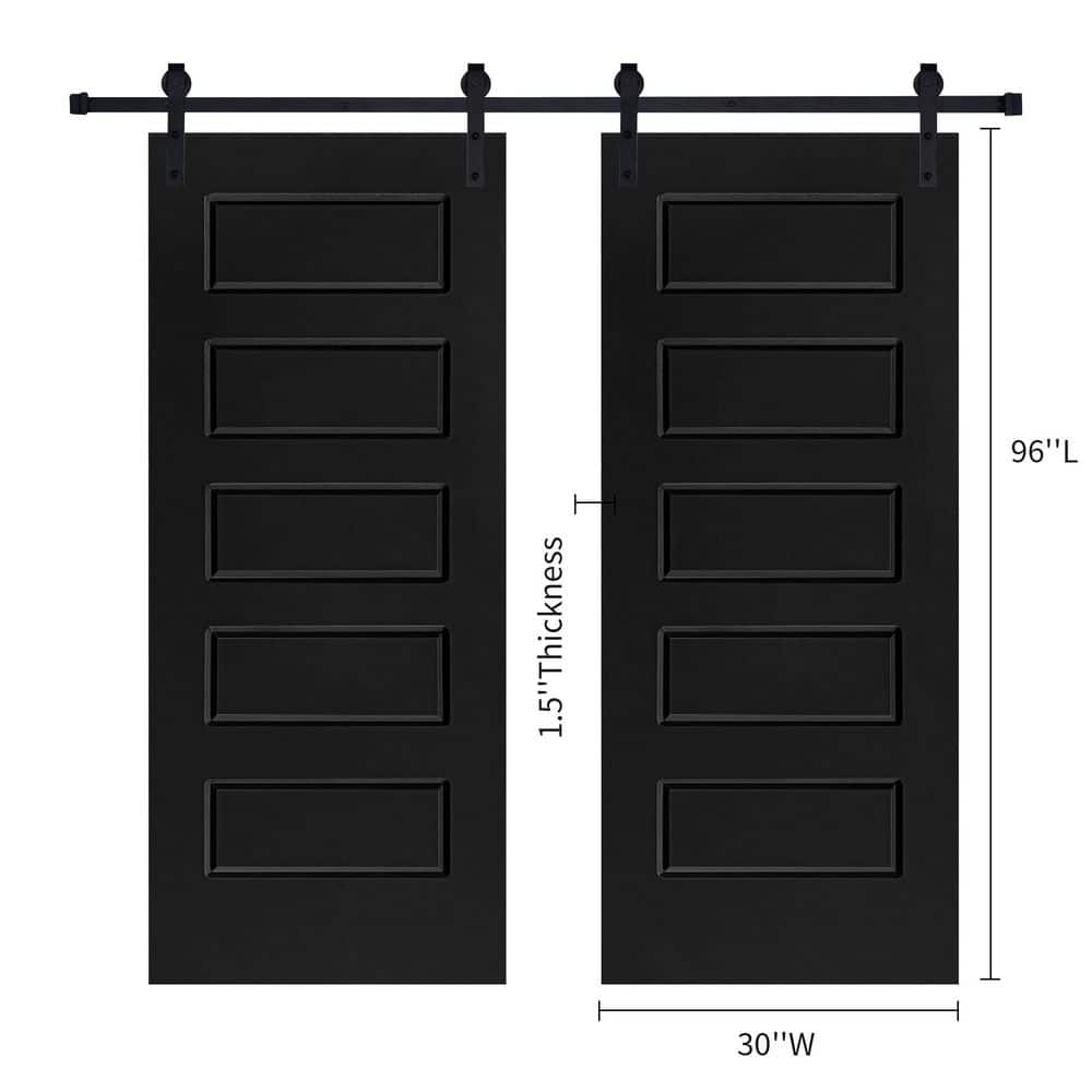 Double Modern 5-Panel 30 in. x 96 in. MDF Black Barn Sliding Door With Hardware kit price history on PriceWatchPro
