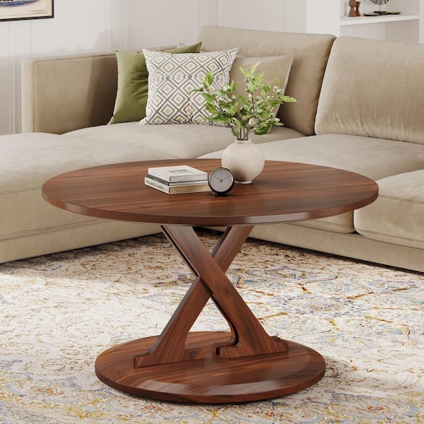 BYBLIGHT Allan 31.5 in. Brown Round Wood Coffee Table with X-Shaped Base, Circle Coffee Table Tea Table for Home