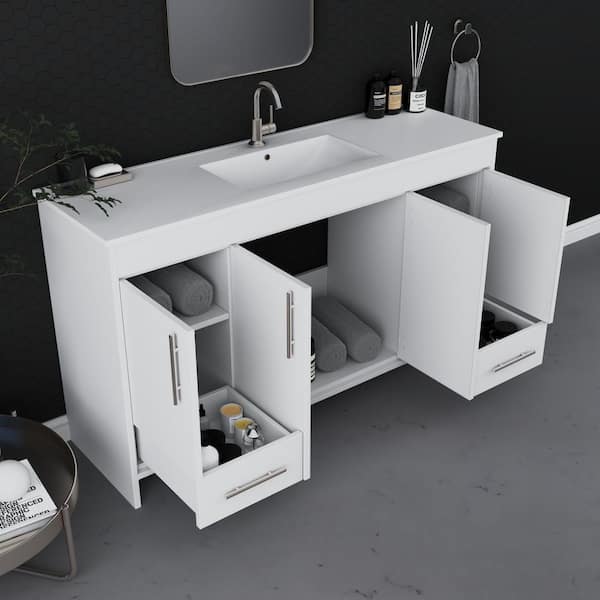 Pacific 60 in. Modern Bathroom Vanity in White with Integrated Ceramic Top and Brushed Nickel Handles