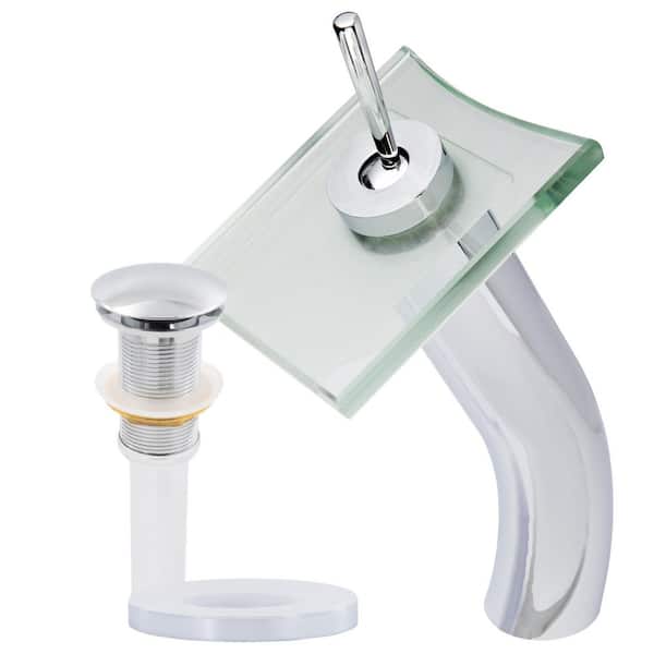 Square Single Hole Single-Handle Bathroom Waterfall Faucet with Drain and Assembly in Chrome and Clear Glass