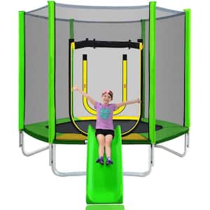Ami 7 ft Green Trampoline with Safety Enclosure Net, Slide and Ladder, Outdoor Recreational Trampoline