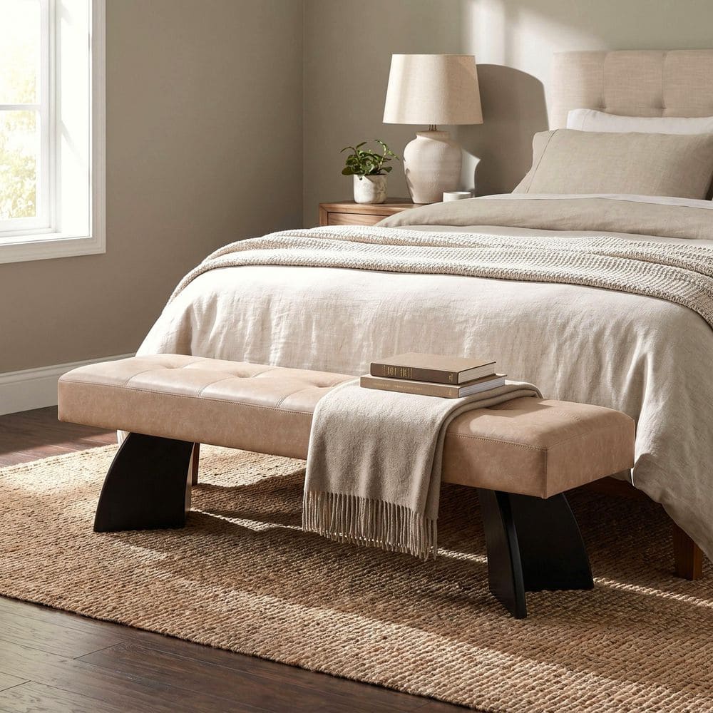 Qacha 63.19 in. Khaki PU Upholstered Bench with Black Stylish Curved Legs