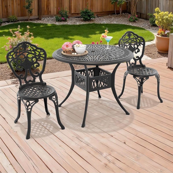 Orchid Black 3-Piece of Cast Aluminum Outdoor Patio Dining Set with 35.43 in. Round Table and Armless Chairs