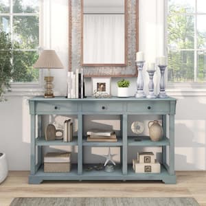 58 in. Blue Rectangle Wood Long Sofa Table with Storage Retro Console Table with 3-Drawers And Open Shelves