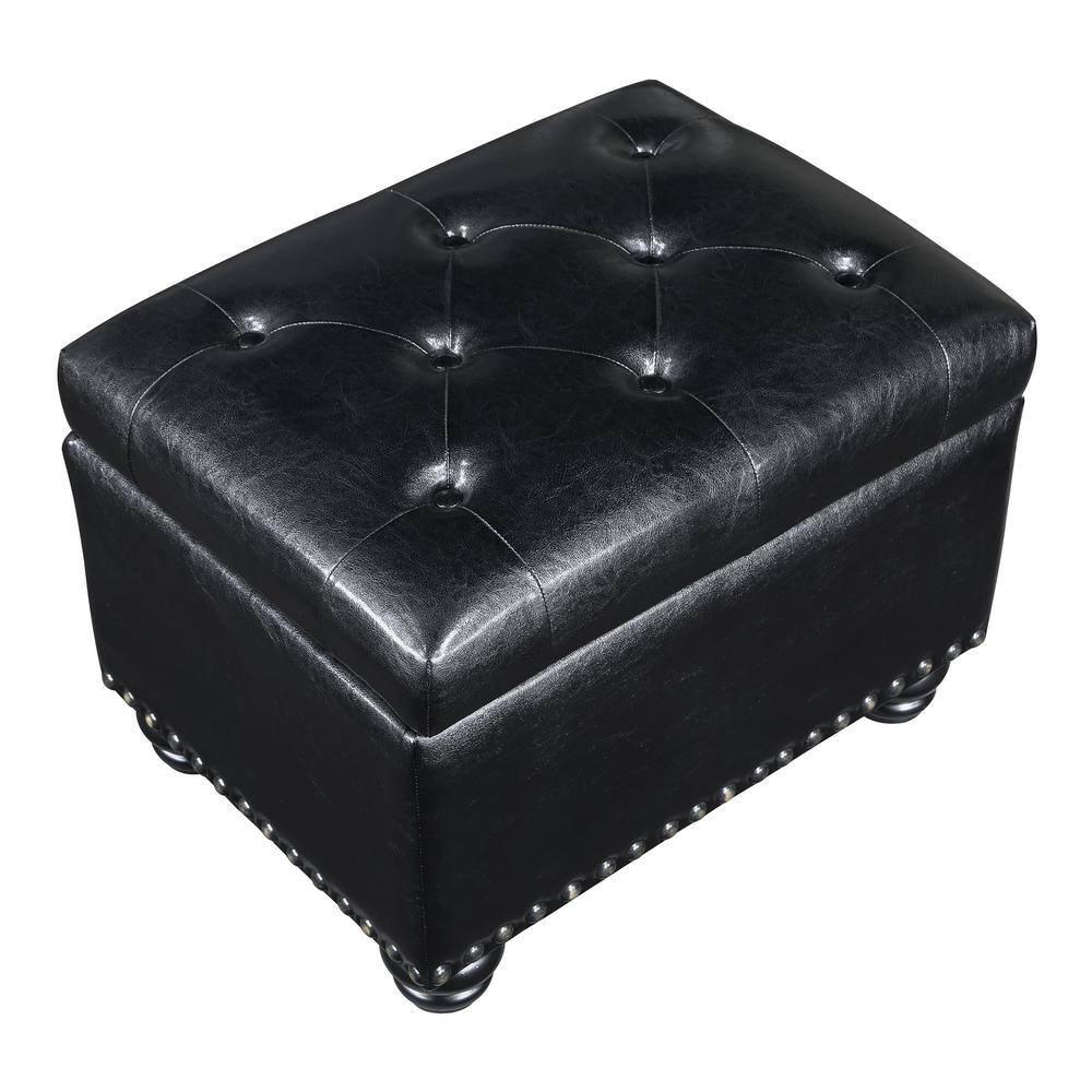 Black faux leather tufted storage ottoman viewed from an angle.