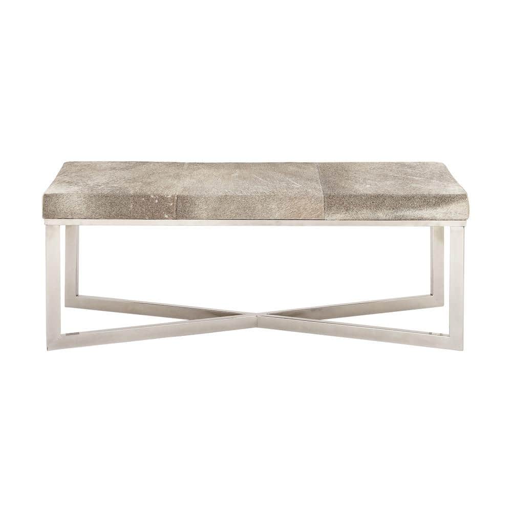Gray Handmade Cowhide Bench with Silver Metal X-Base
