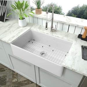 Classico White Fireclay 36 in. Single Bowl Farmhouse Apron Front Kitchen Sink with Bottom Grid and Strainer