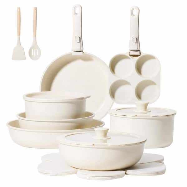 19-Piece Aluminum Nonstick Cookware Set with Detachable Handle, Stackable Oven Safe Induction Pots and Pans, Beige
