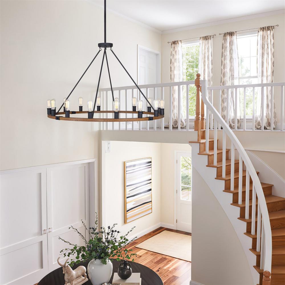 Jericho 48" Black and Oak Wagon Wheel Chandelier