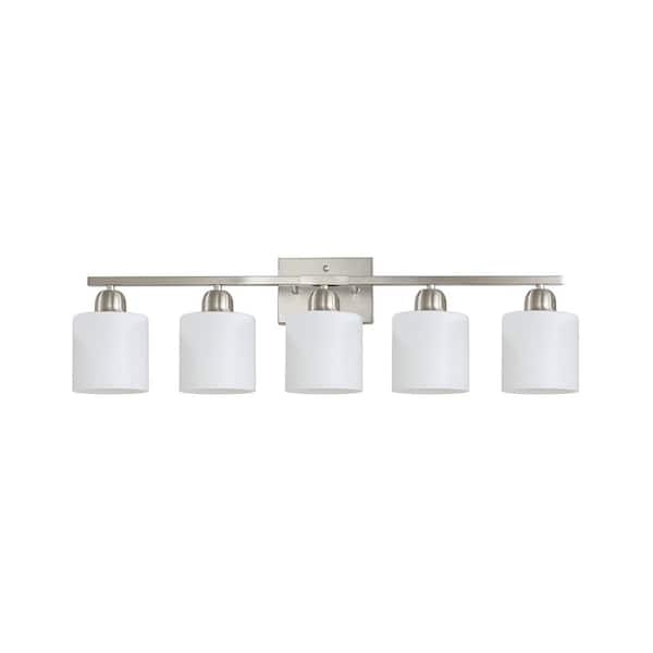 31.5 in. 5 Sand Nickel Vanity Light Fixture with Milky White Glass Shades