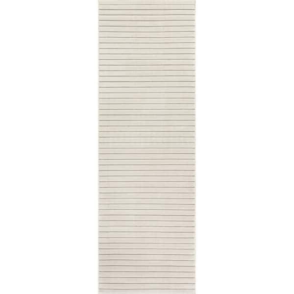Frenshe Interiors Amasha High-Low Striped Indoor/Outdoor Cream 2 ft. x 8 ft. Indoor/Outdoor Patio Runner Rug