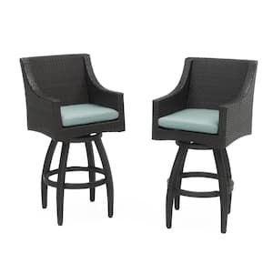 Deco All-Weather Wicker Motion Patio Bar Stool with Spa Blue Cushions (2-Pack)