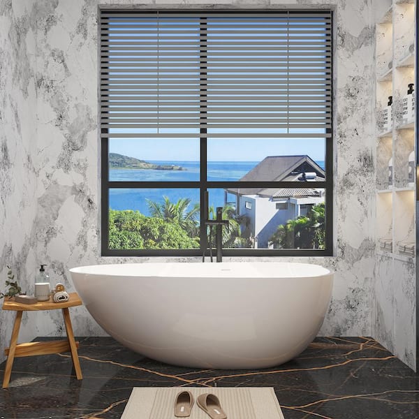 VANITYFUS 67 in. x 33 in. Stone Resin Flatbottom Solid Surface Non-Slip Freestanding Soaking Bathtub in Gloss White