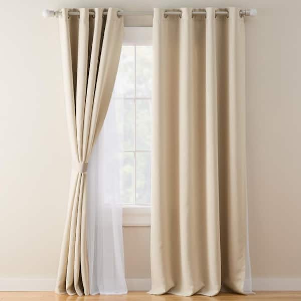 Oslo Double Layer Room Darkening and Sheer Beige Sateen 52 in. x 96 in. Grommet Top Indoor Curtain Panel Set (Set of 2)