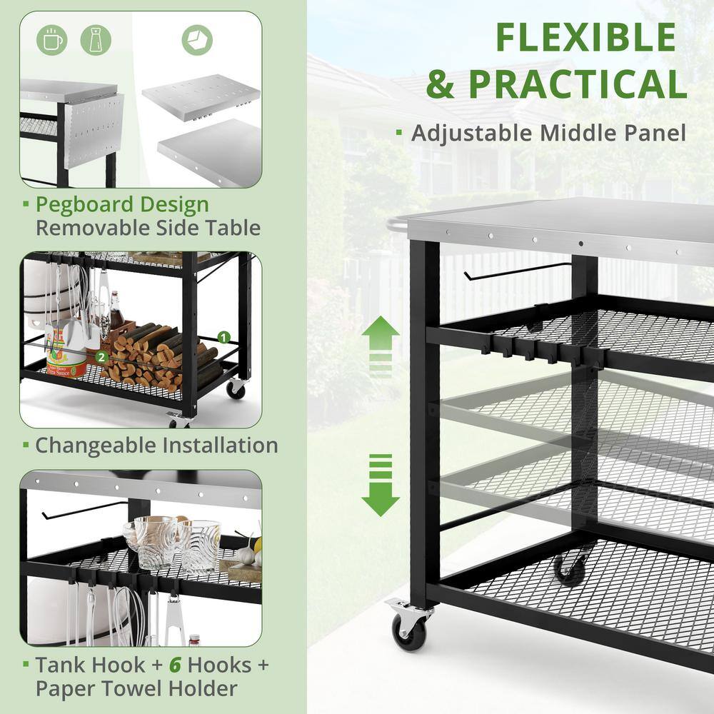 Black 3-Tier Stainless Steel Outdoor Grill Cart with Wheels