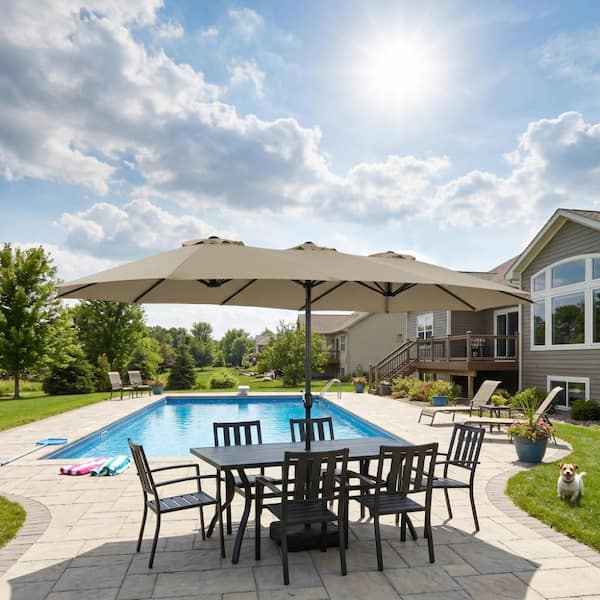 15 ft triple vent patio umbrella Yaheetech 15FT Double-Sided w/Base 12 Ribs Vented, Sky Blue This piece pairs perfectly with our cement umbrella base and patio table to complete the look over your lounge area UNISOAR 15 ft. Steel Residential