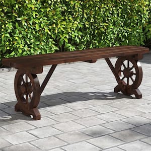 Brown Wood Outdoor Bench with Wagon Wheel Base Slatted Seat Design 710 LBS Max Load
