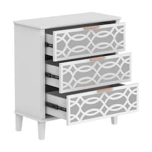 26 in. W White Square Wood 3-Mirrored Drawers Side Table Bedside Table Nightstand with Mirror Finish