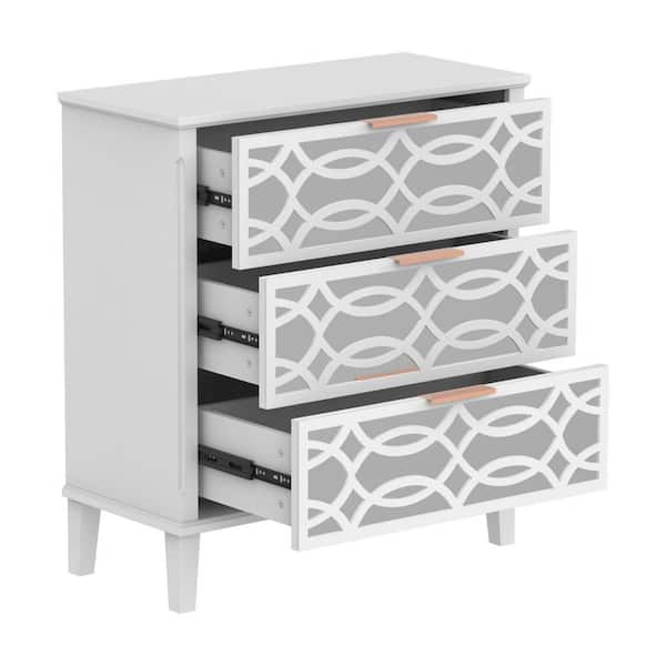 FUFU&GAGA 26 in. W White Square Wood 3-Mirrored Drawers Side Table Bedside Table Nightstand with Mirror Finish